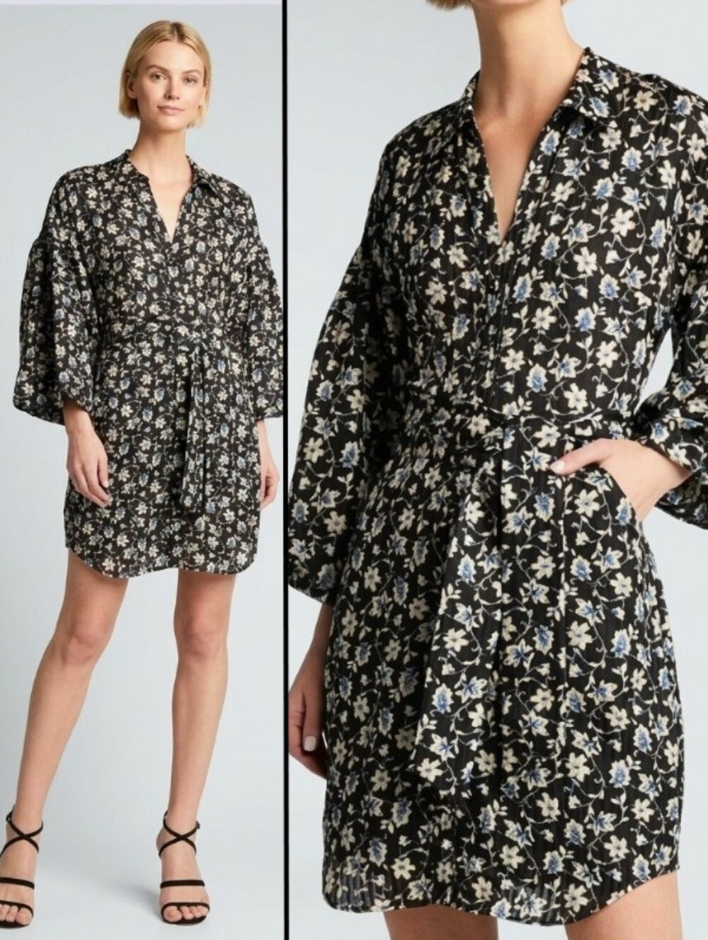 Veronica Beard Samy Floral Linen Silk Mini Shirtdress Black Floral Tie-Waist 2